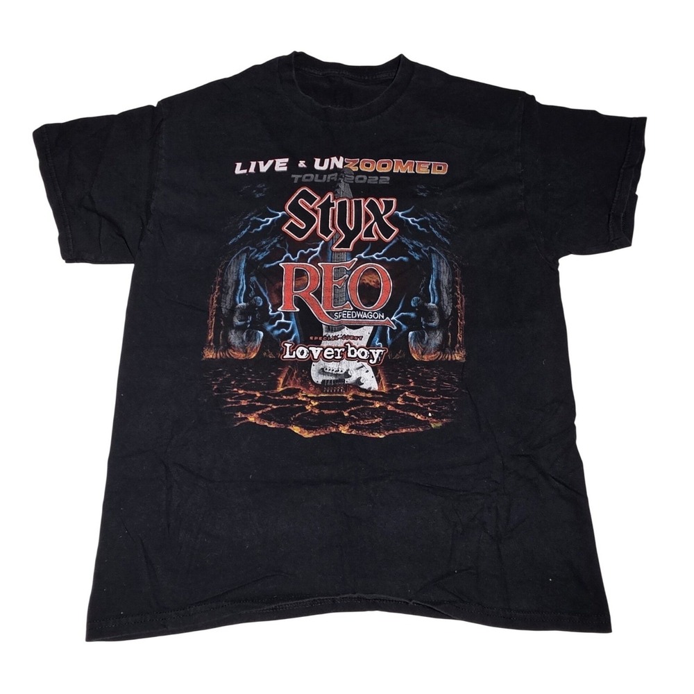 Styx REO Speedwagon Loverboy Live & Unzoomed Tour 2022 Black Concert T-Shirt A11